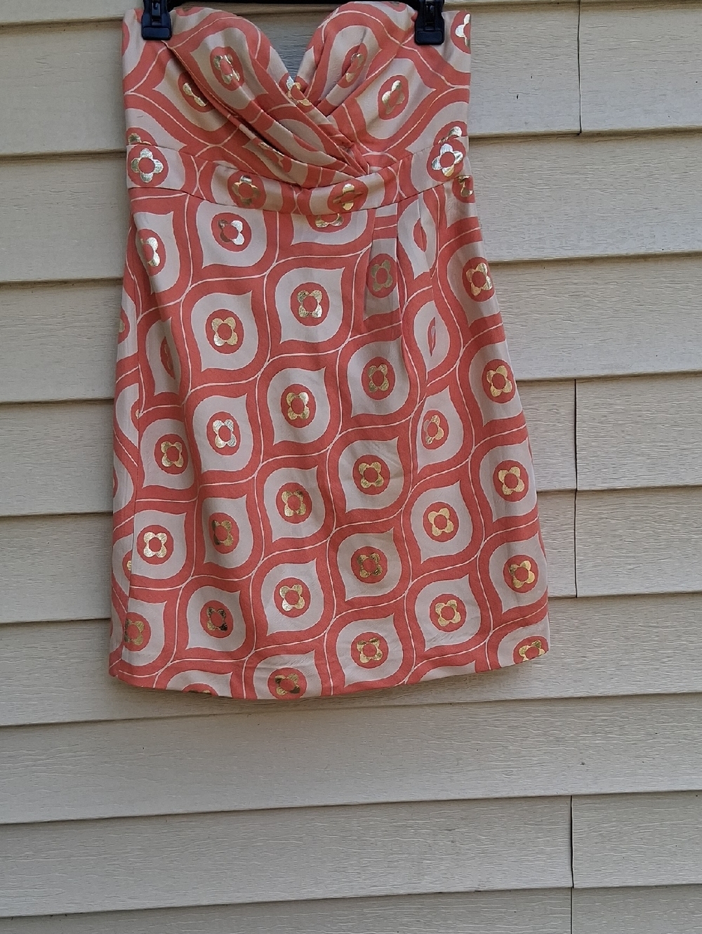 Tibi Coral and Cream Strapless Mini Dress with Gold Accents